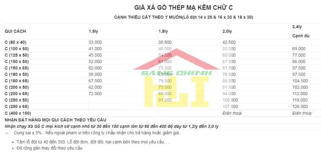 bảng báo giá xà gồ c, bang bao gia xa go c