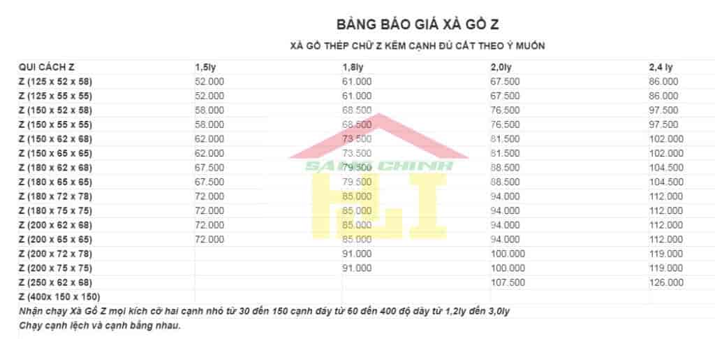 bảng báo giá xà gồ z, bang bao gia xa go z
