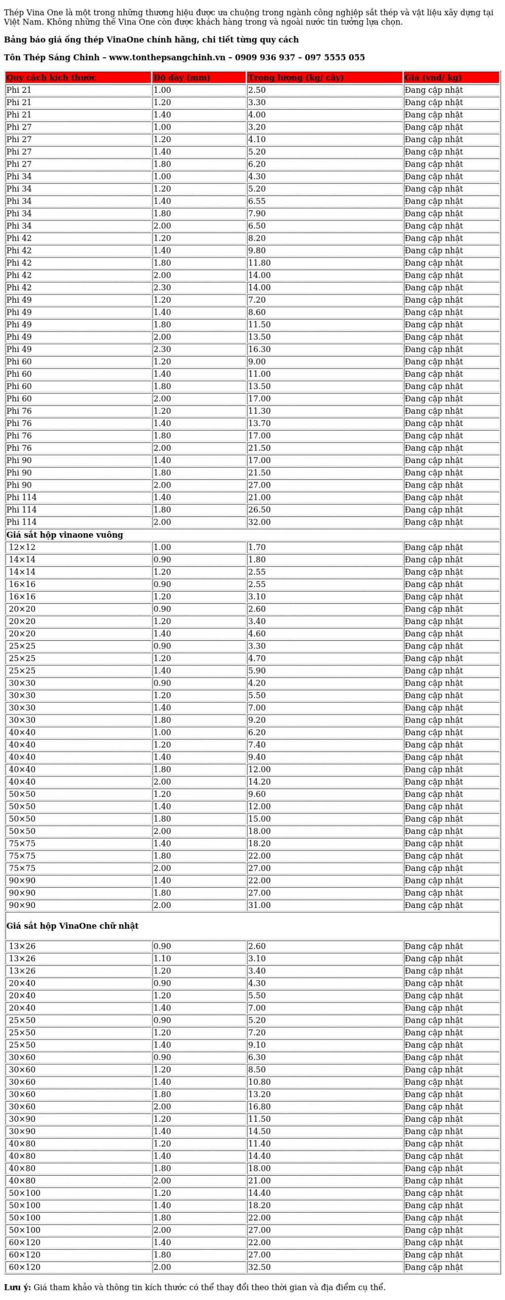 Giá thép ống VinaOne chính hãng (file ảnh) được cập nhật bởi Tôn Thép Sáng Chinh